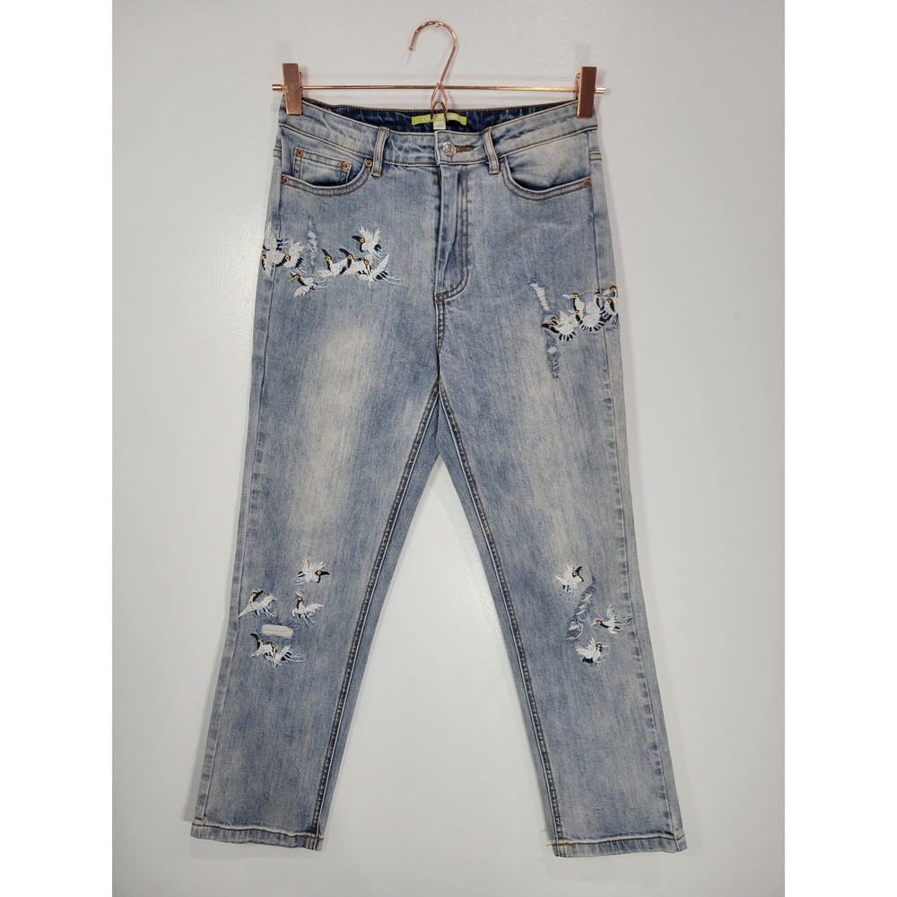 Gianni Bini Womens Embroidered Bird Distressed Light Wash Straight Leg Jeans S